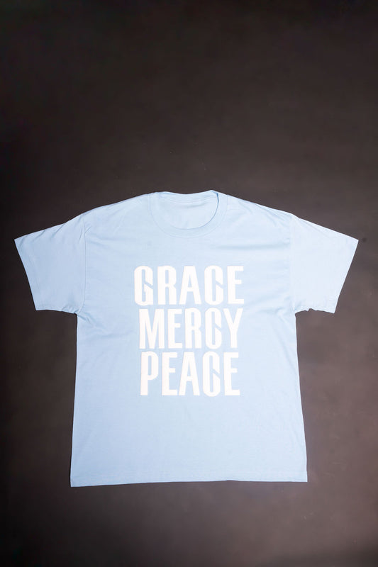 Puff Grace, Mercy, Peace, Tee - Light Blue